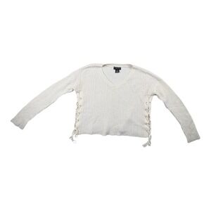 Poof NY Ivory Knit Sweater M Lace-Up Sides V-Neck Long Sleeve‎
